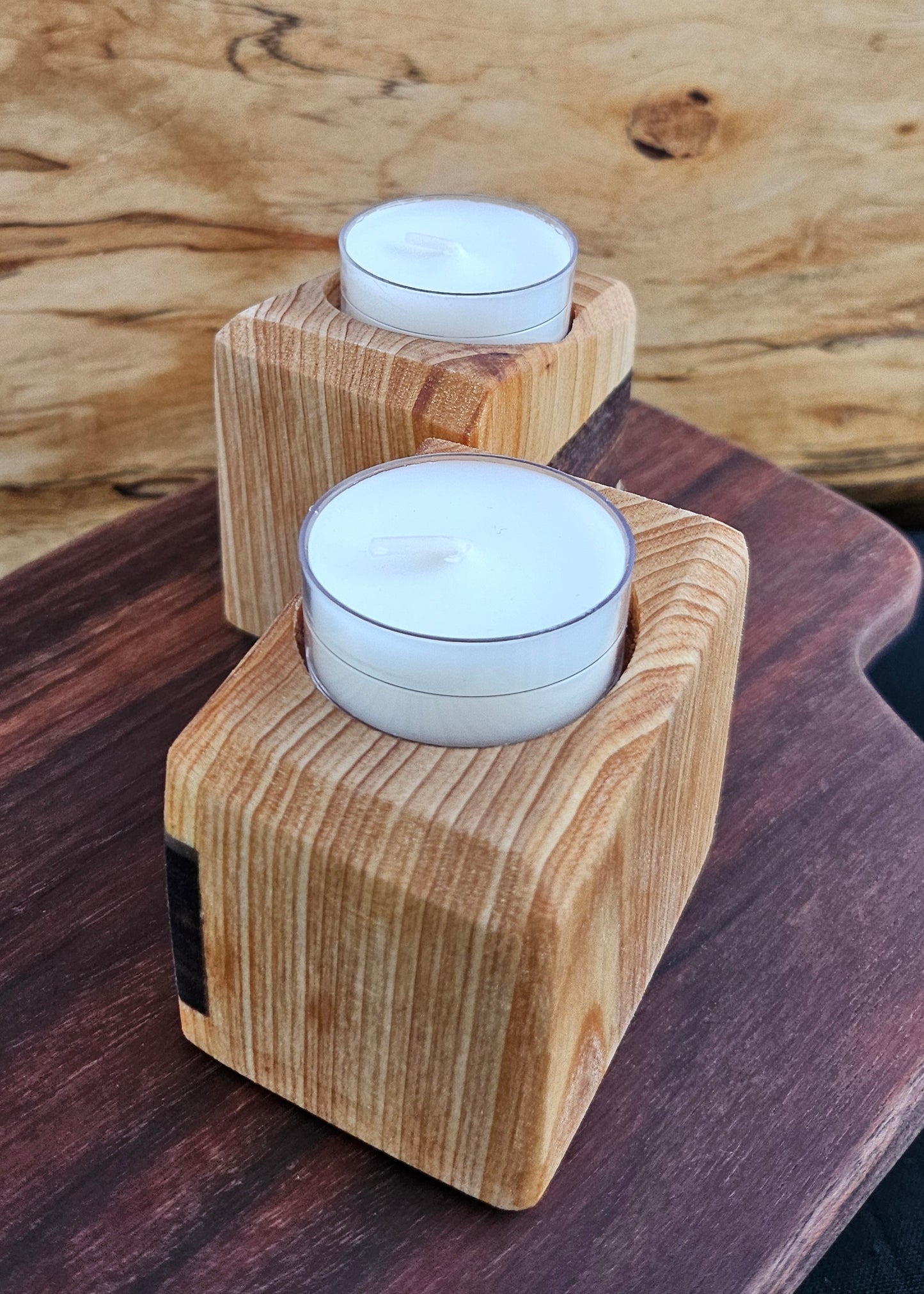 Handcrafted Cypress & Walnut Tea Light Candle Holder | Includes 2 Candles | Made in Chattanooga