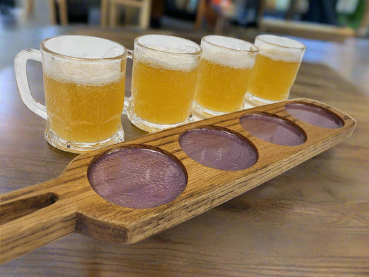 Oak Flight Tray w/Purple Inlay and Glasses for Beer/Cocktails/Drinks