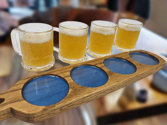 Oak Flight Tray w/Blue Inlay and Glasses for Beer/Cocktails/Drinks