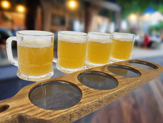 Oak Flight Tray w/Grey Inlay and Glasses for Beer/Cocktails/Drinks