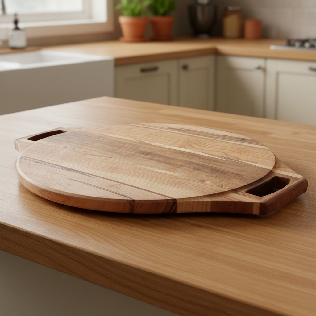 Wooden pizza cutting board with a Beli wood handle on a white background