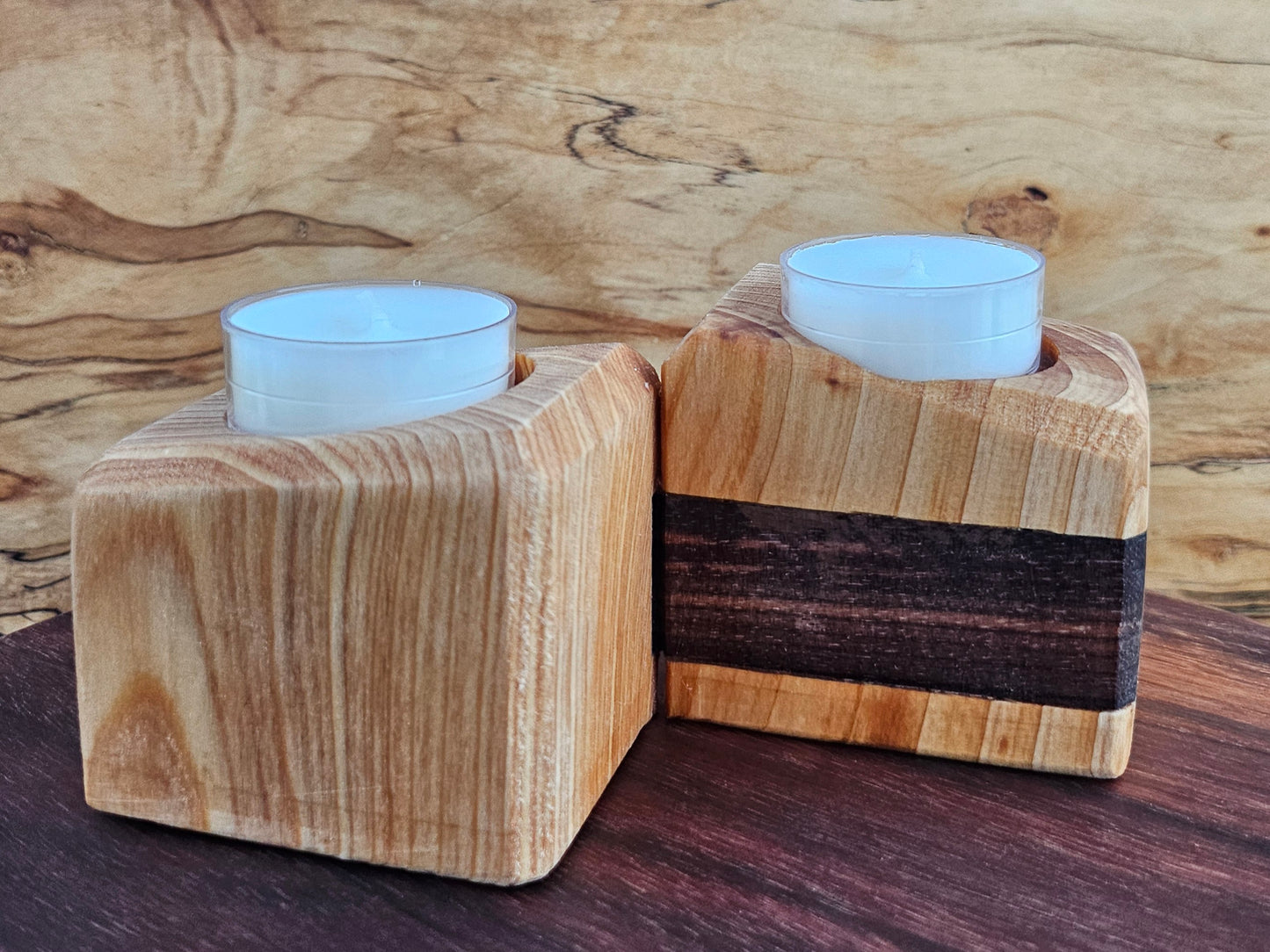 Handcrafted Cypress & Walnut Tea Light Candle Holder | Includes 2 Candles | Made in Chattanooga