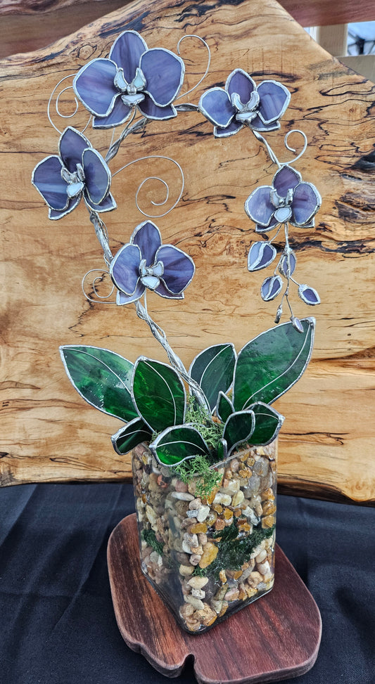 Amethyst Orchid | Tiffany-Style Stained Glass Sculpture | One of a Kind