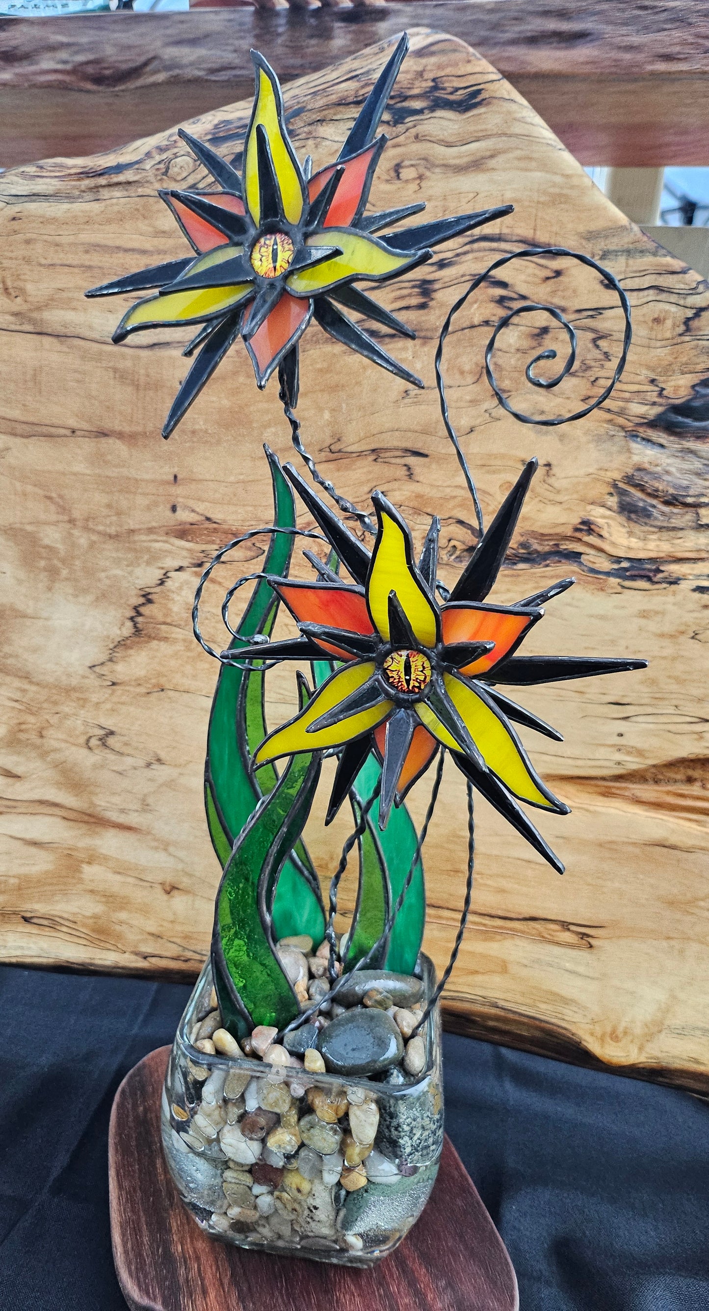 Fire Eye Flower | Tiffany-Style Stained Glass Sculpture | One of a Kind