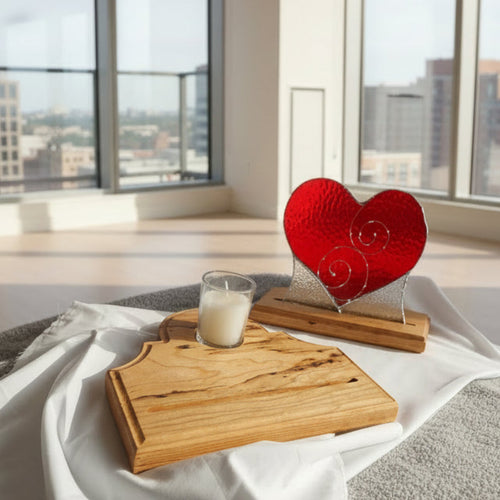 Cherry Wood Stained Glass Display Holder w/ candle and heart inspired stained glass panel art.