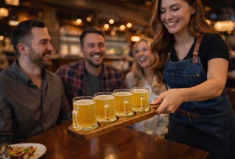 Handcrafted Oak Beer Flight Paddle with Glass Mugs – Perfect for Craft Beer Tastings