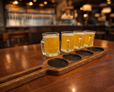 Handcrafted Oak Beer Flight Paddle with Glass Mugs – Perfect for Craft Beer Tastings