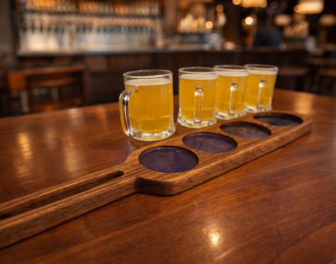 Handcrafted Oak Beer Flight Paddle with Glass Mugs – Perfect for Craft Beer Tastings