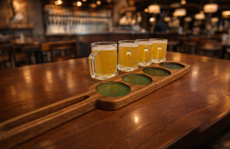 Handcrafted Oak Beer Flight Paddle with Glass Mugs – Perfect for Craft Beer Tastings